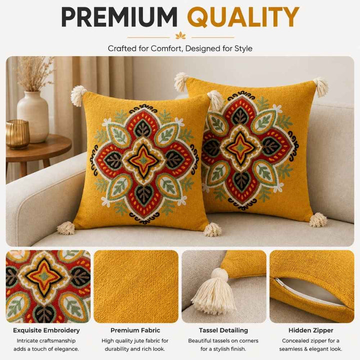 Saffron Mandala Artisan Embroidered Cushion Covers 16 × 16