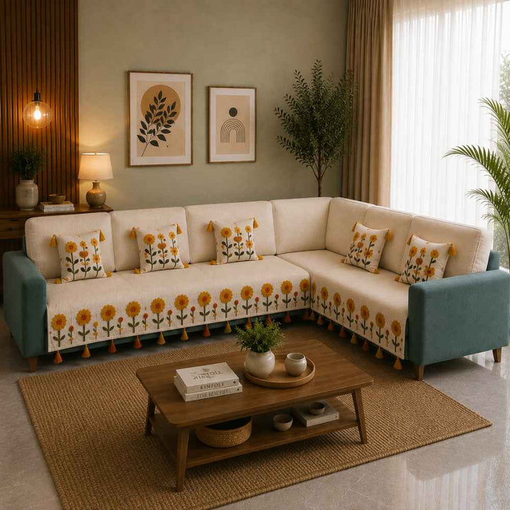 Sunflower Jute Look Cotton Sofa Cover jute sofa cover Great Happy IN Sunflower 3+2(L SHAPE) 