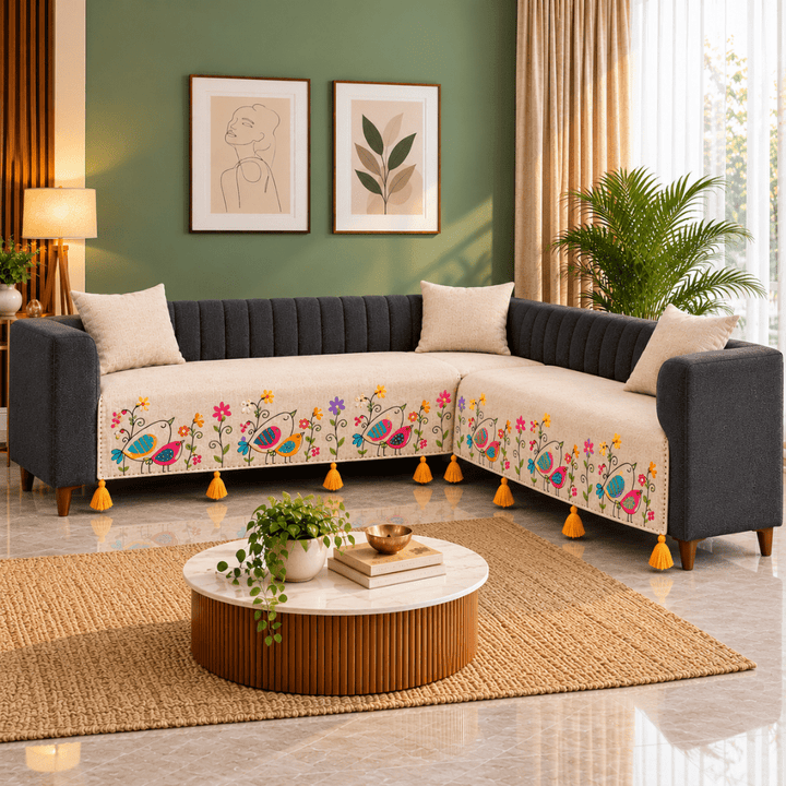 Bird Jute Look Cotton Sofa Cover jute sofa cover Great Happy IN 3+2(L SHAPE) 