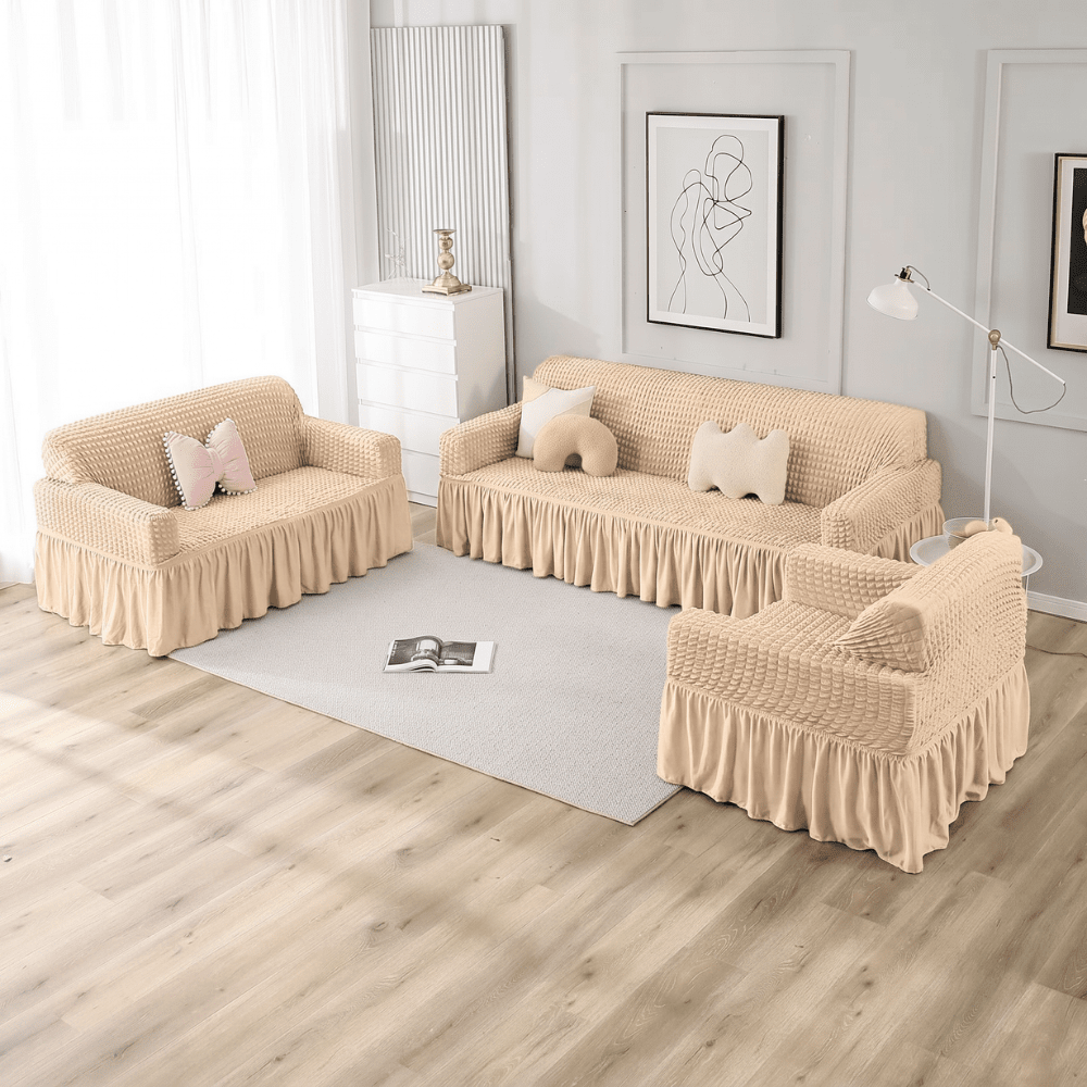 Bubble Frill Sofa Cover Great Happy IN Beige Bubblefrill 3+2+1 Seater 