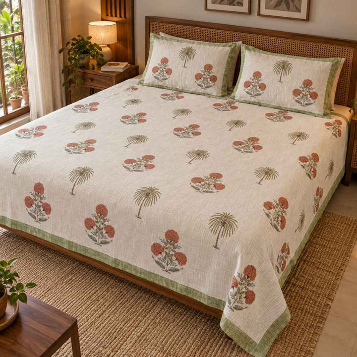 Hand-Block Printed Bedcover King Size - Jute-Look Cotton, 2 Pillow Covers Included