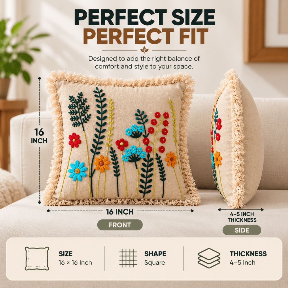 Meadow Bloom Artisan Embroidered Cushion Covers 16 × 16 cushion cover Great Happy IN 