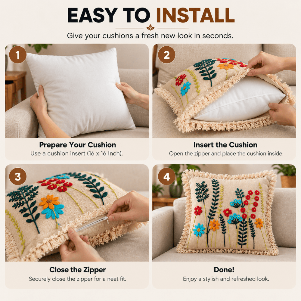 Meadow Bloom Artisan Embroidered Cushion Covers 16 × 16 cushion cover Great Happy IN 