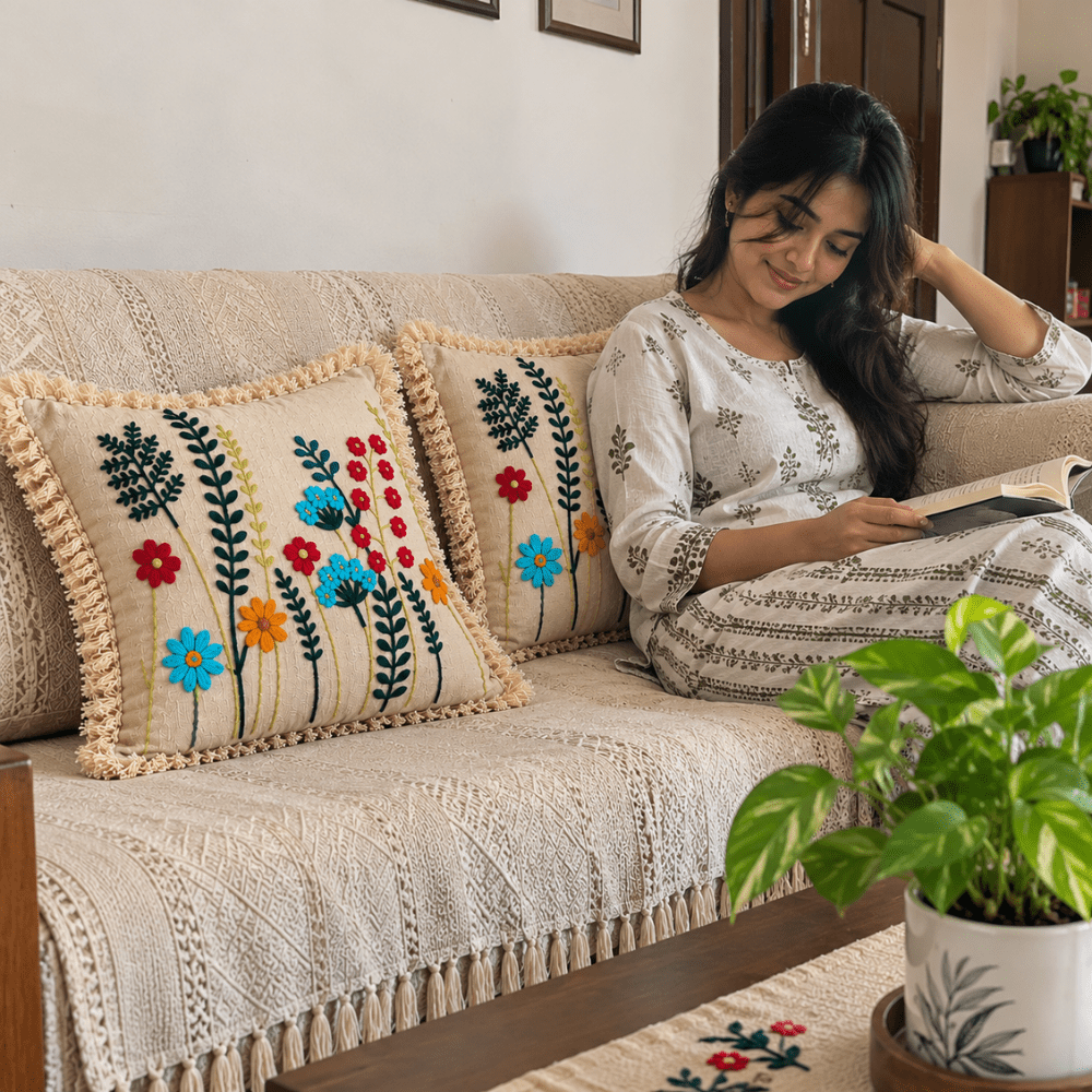 Meadow Bloom Artisan Embroidered Cushion Covers 16 × 16 cushion cover Great Happy IN 