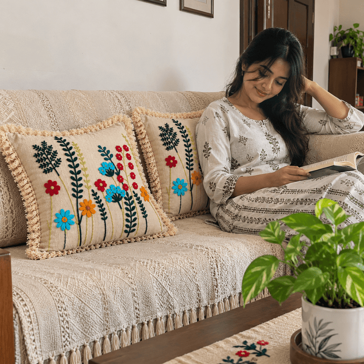Meadow Bloom Artisan Embroidered Cushion Covers 16 × 16 cushion cover Great Happy IN 