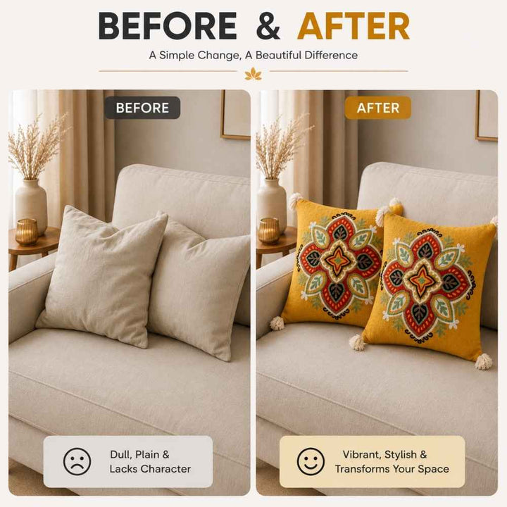 Saffron Mandala Artisan Embroidered Cushion Covers 16 × 16