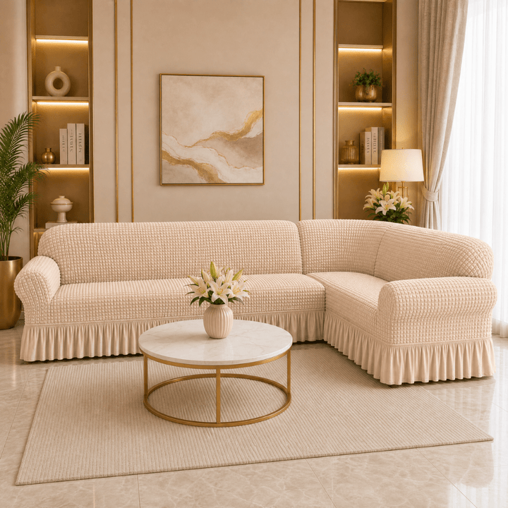 Beige Bubble Frill Sofa Cover bubble frill sofa cover Great Happy IN 3+2(L SHAPE) 