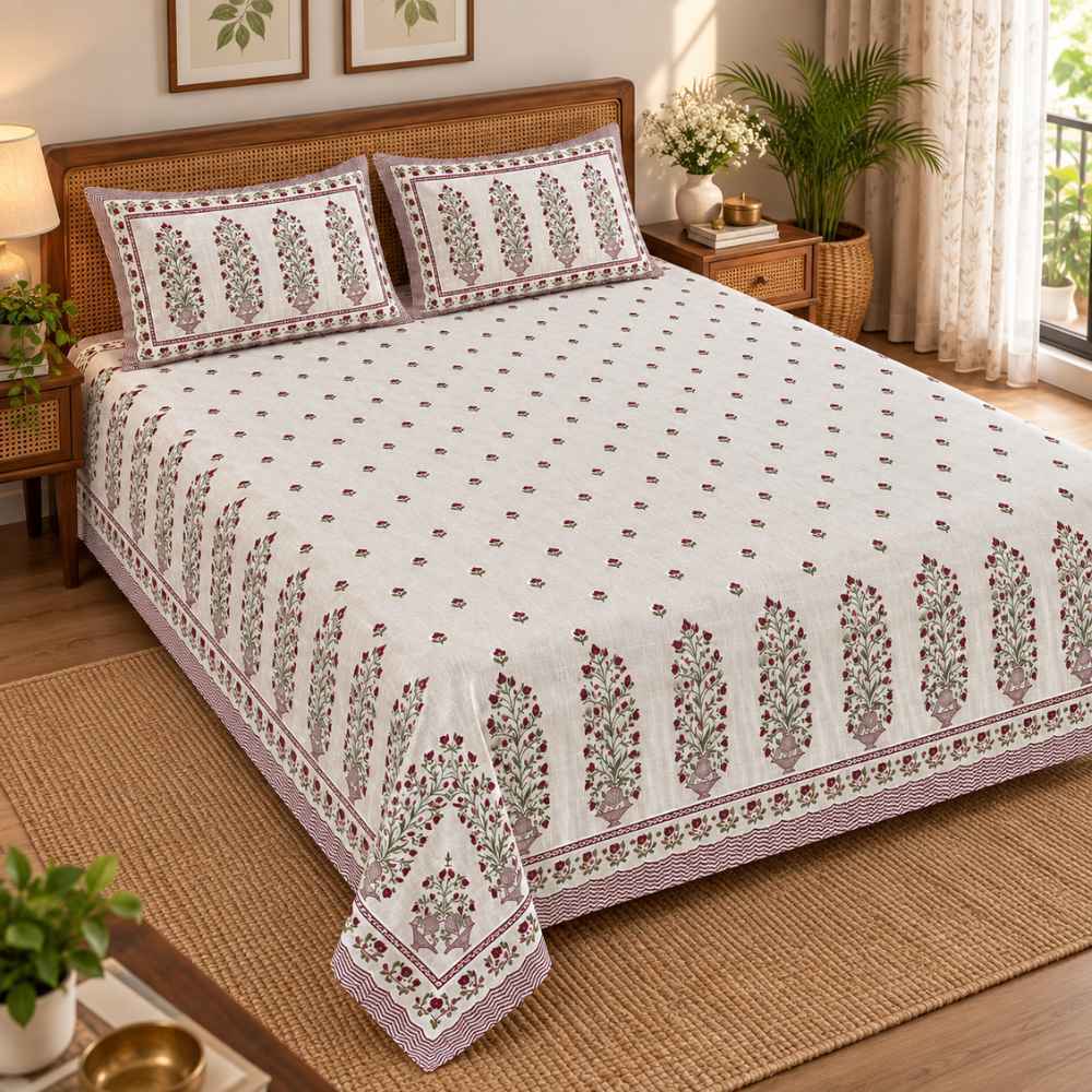 Hand-Block Printed Bedcover King Size - Jute-Look Cotton, 2 Pillow Covers Included
