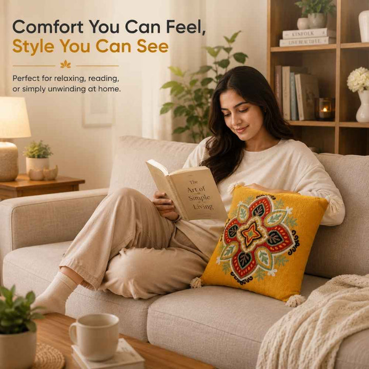 Saffron Mandala Artisan Embroidered Cushion Covers 16 × 16