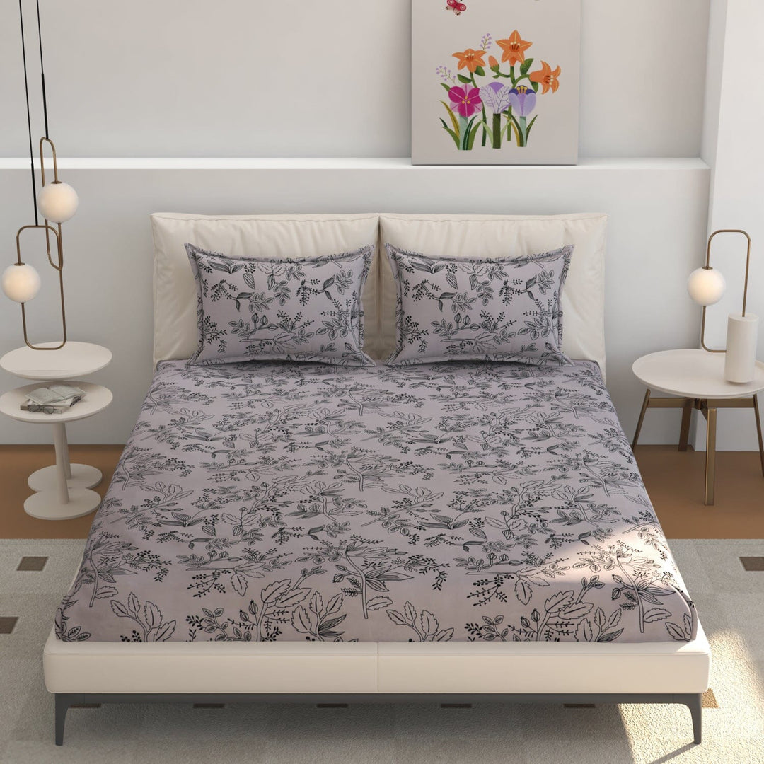 Elastic Fitted Bedsheet (King Size) with 2 Pillow Covers - Buy 2 Get 1 FREE Great Happy IN Grey Black Botanical KING SIZE 