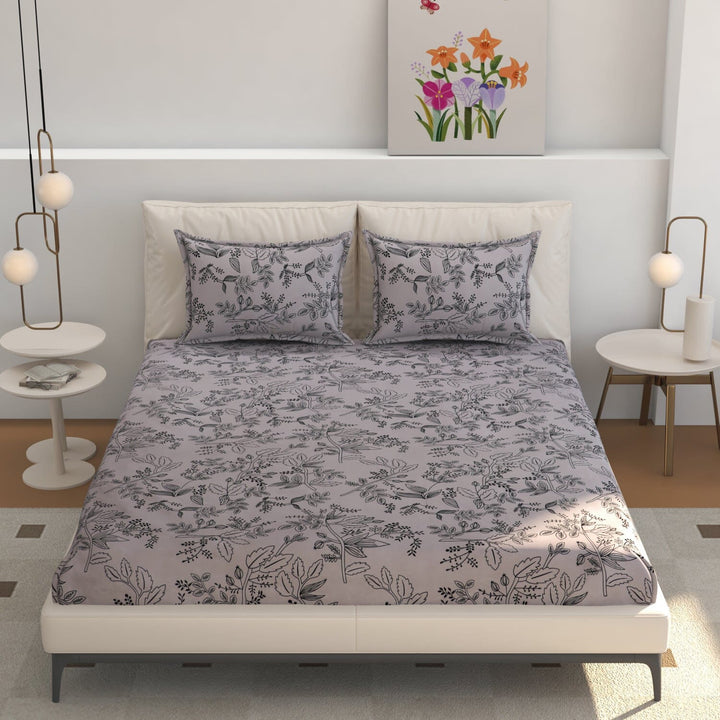 Elastic Fitted Bedsheet (King Size) with 2 Pillow Covers - Buy 2 Get 1 FREE Great Happy IN Grey Black Botanical KING SIZE 