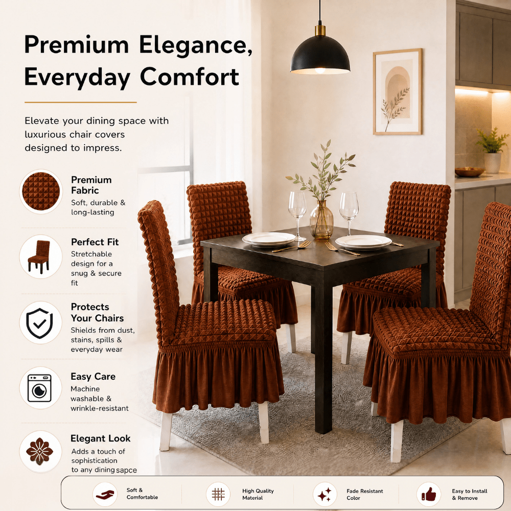 Brown Bubble Frill Chair Cover- Stretchable & Elastic Fitted Great Happy IN 