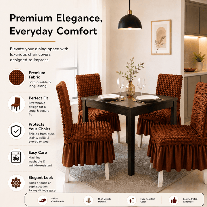 Brown Bubble Frill Chair Cover- Stretchable & Elastic Fitted Great Happy IN 