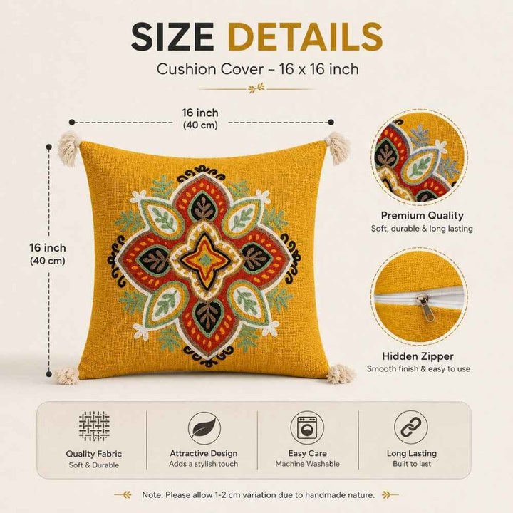 Saffron Mandala Artisan Embroidered Cushion Covers 16 × 16