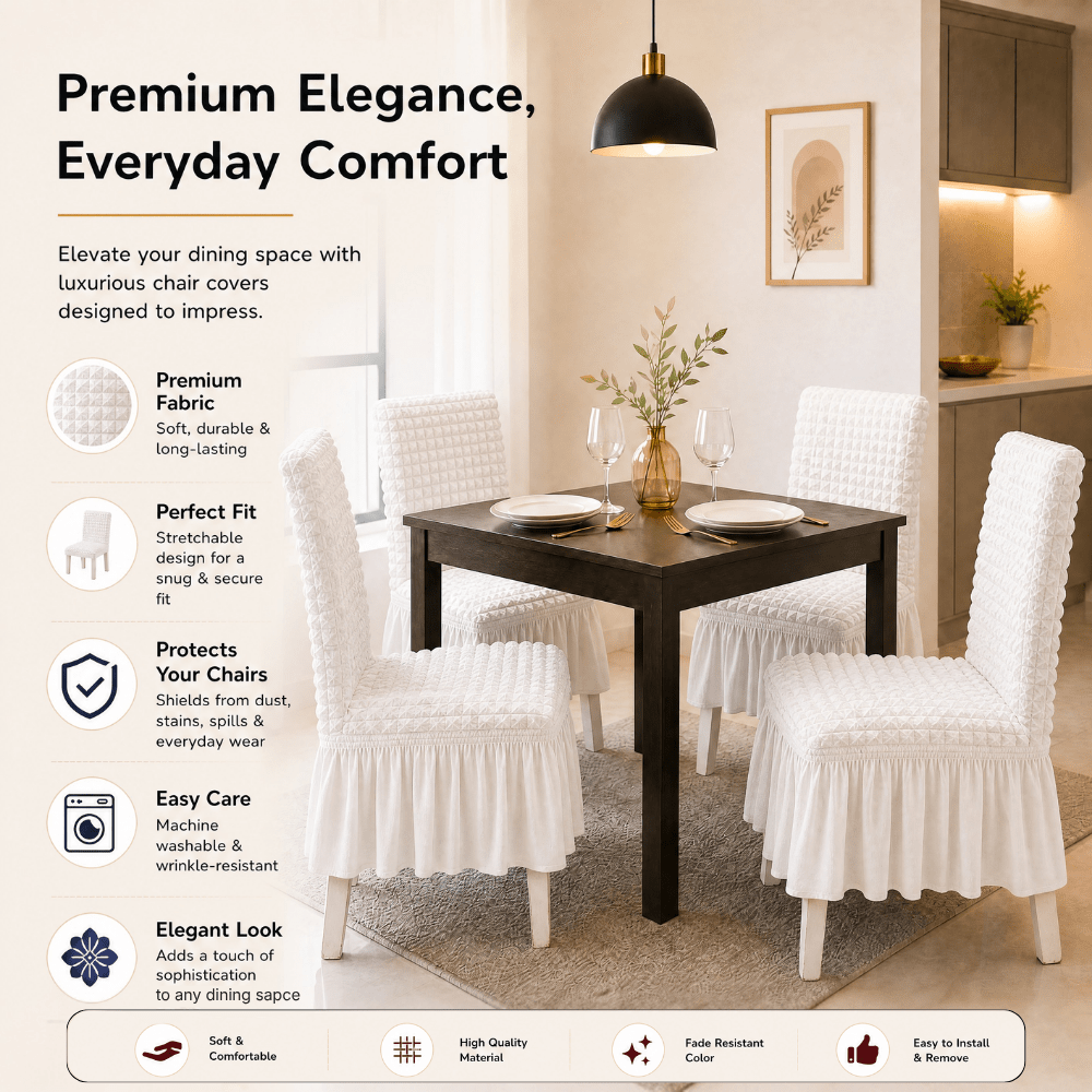 White Bubble Frill Chair Cover- Stretchable & Elastic Fitted Great Happy IN 