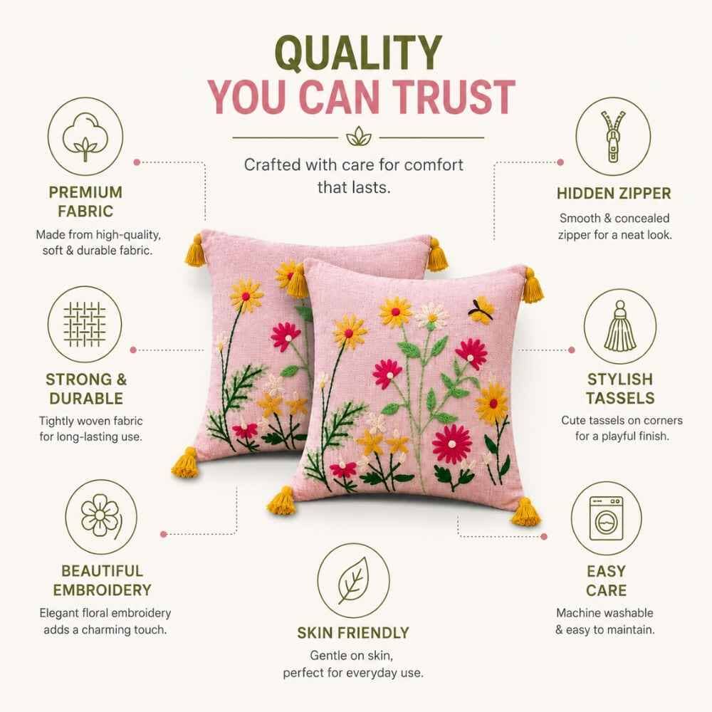 Blush Meadow Artisan Embroidered Cushion Covers 16 × 16