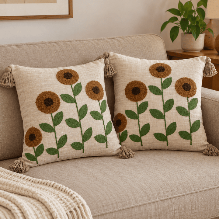 Sunflowers Artisan Embroidered Cushion Covers 16 × 16 cushion cover Great Happy IN Pack of 2 (₹450 per pcs) 