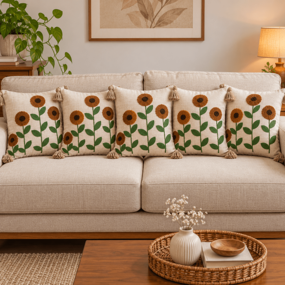Sunflowers Artisan Embroidered Cushion Covers 16 × 16 cushion cover Great Happy IN Pack of 5 (₹375 per pcs) 