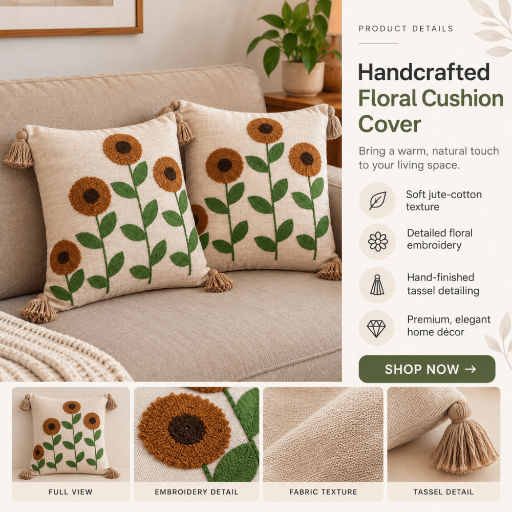 Sunflowers Artisan Embroidered Cushion Covers 16 × 16 cushion cover Great Happy IN 
