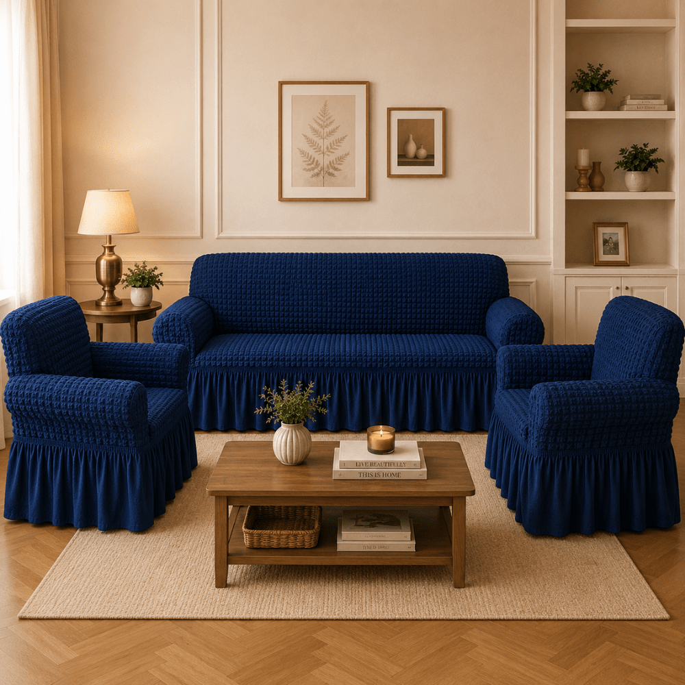 Navy Bubble Frill Sofa Cover bubble frill sofa cover Great Happy IN 3+1+1 Seater 