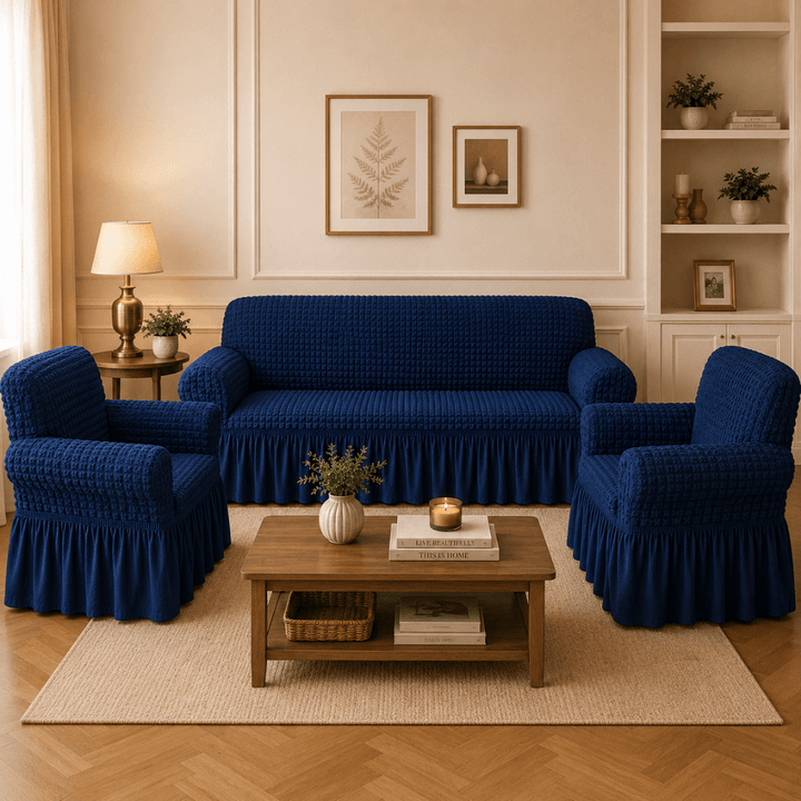 Navy Bubble Frill Sofa Cover bubble frill sofa cover Great Happy IN 3+1+1 Seater 