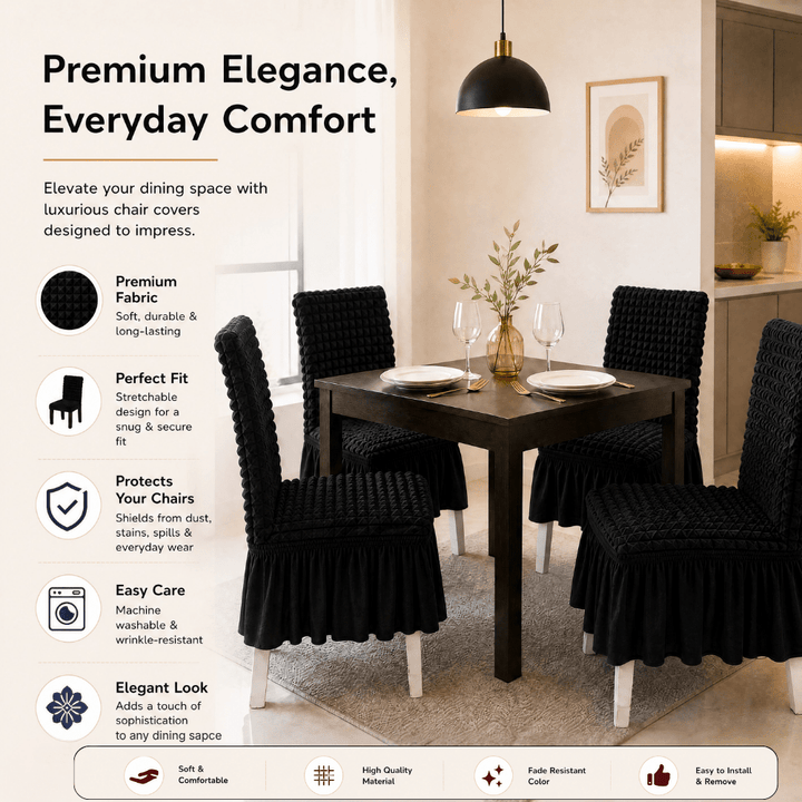 Black Bubble Frill Chair Cover- Stretchable & Elastic Fitted Great Happy IN 