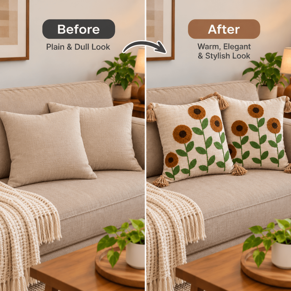 Sunflowers Artisan Embroidered Cushion Covers 16 × 16 cushion cover Great Happy IN 