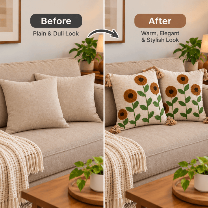 Sunflowers Artisan Embroidered Cushion Covers 16 × 16 cushion cover Great Happy IN 