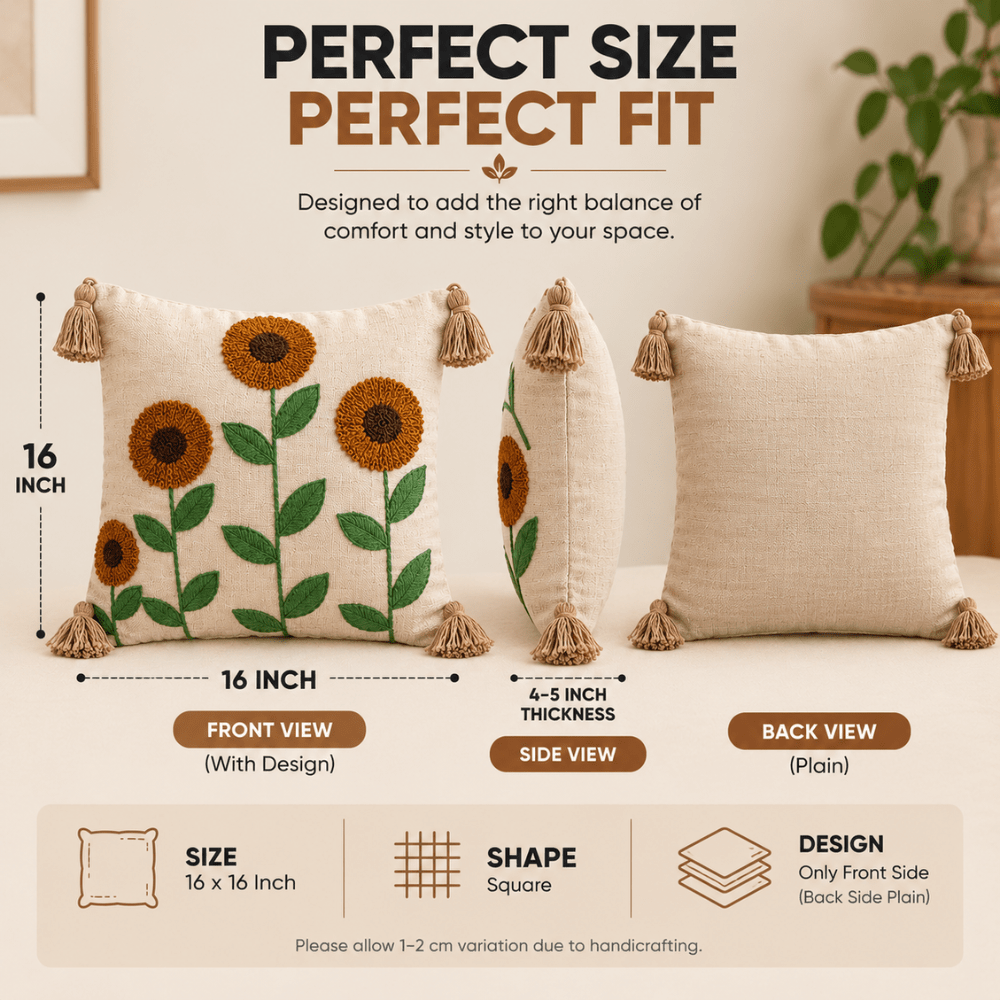 Sunflowers Artisan Embroidered Cushion Covers 16 × 16 cushion cover Great Happy IN 