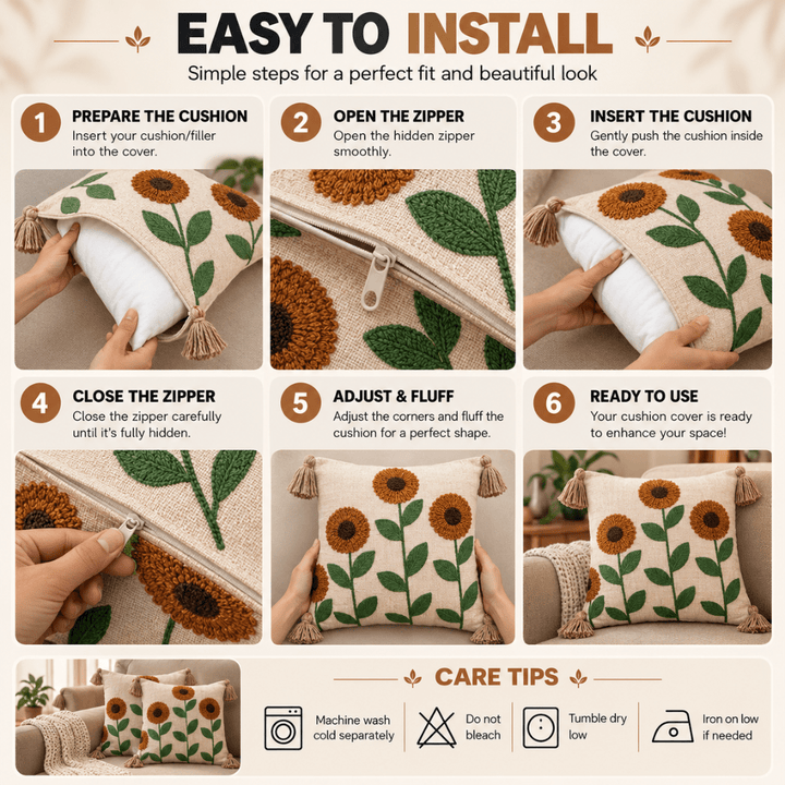 Sunflowers Artisan Embroidered Cushion Covers 16 × 16 cushion cover Great Happy IN 