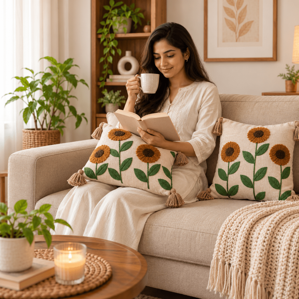 Sunflowers Artisan Embroidered Cushion Covers 16 × 16 cushion cover Great Happy IN 