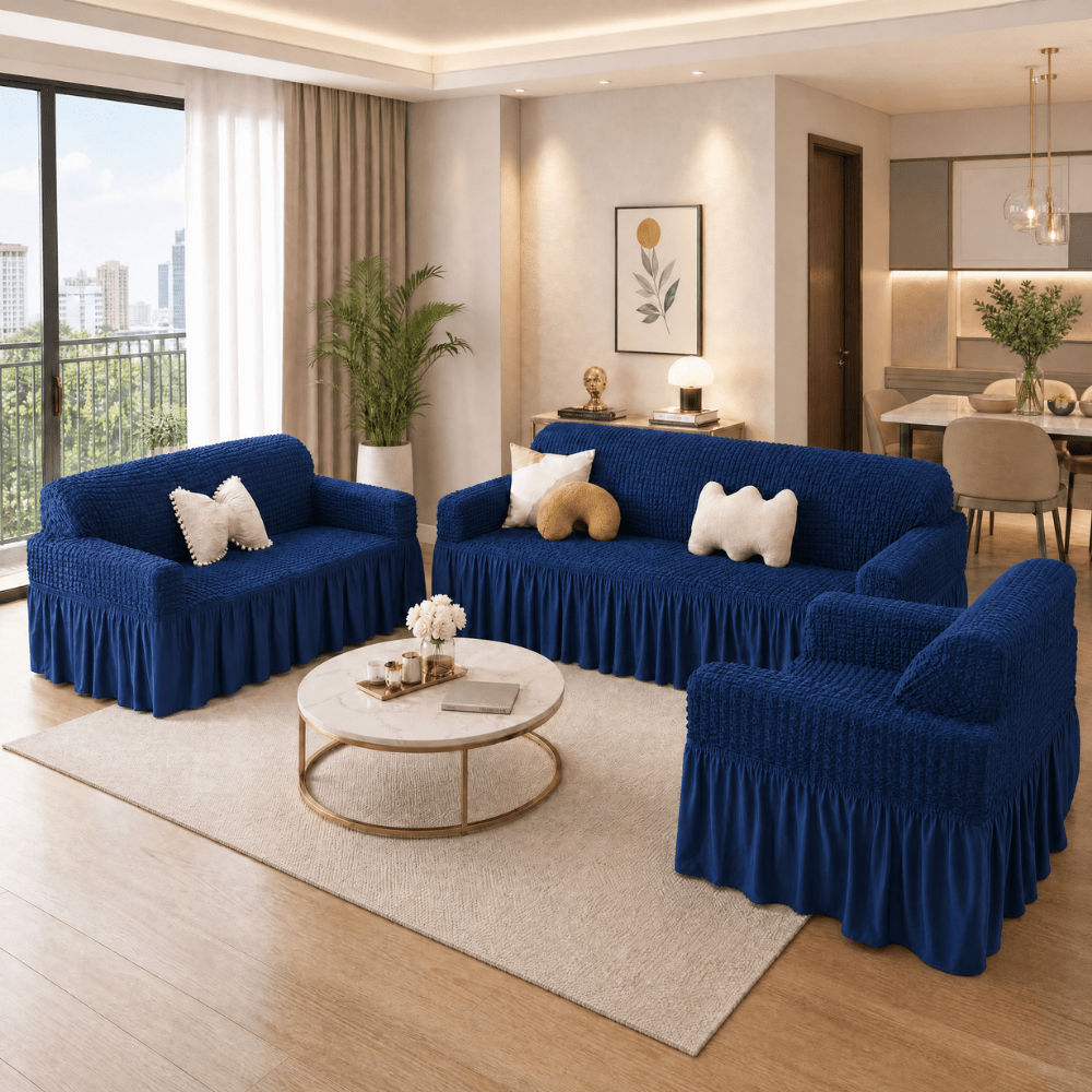 Navy Bubble Frill Sofa Cover bubble frill sofa cover Great Happy IN 3+2+1 Seater 