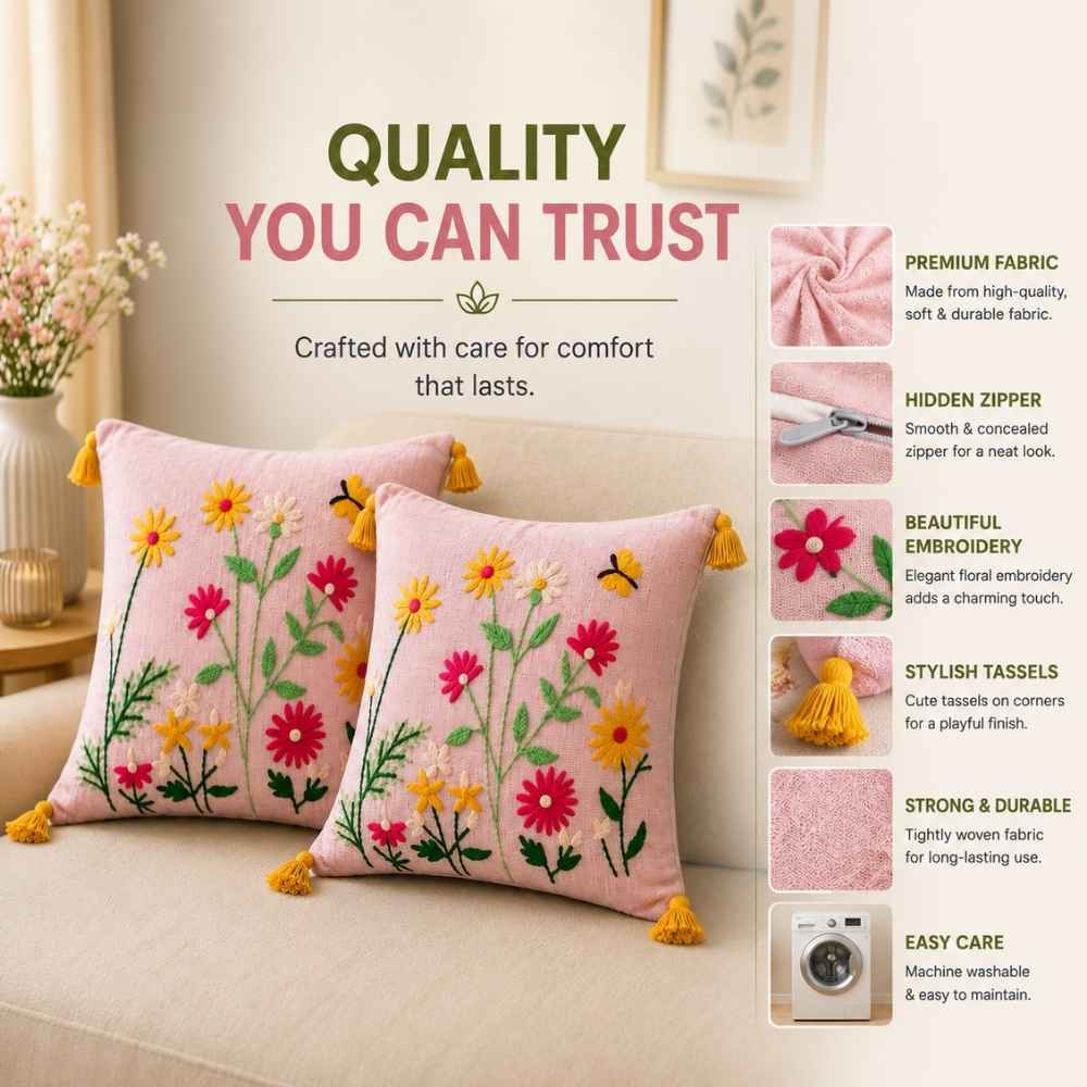 Blush Meadow Artisan Embroidered Cushion Covers 16 × 16