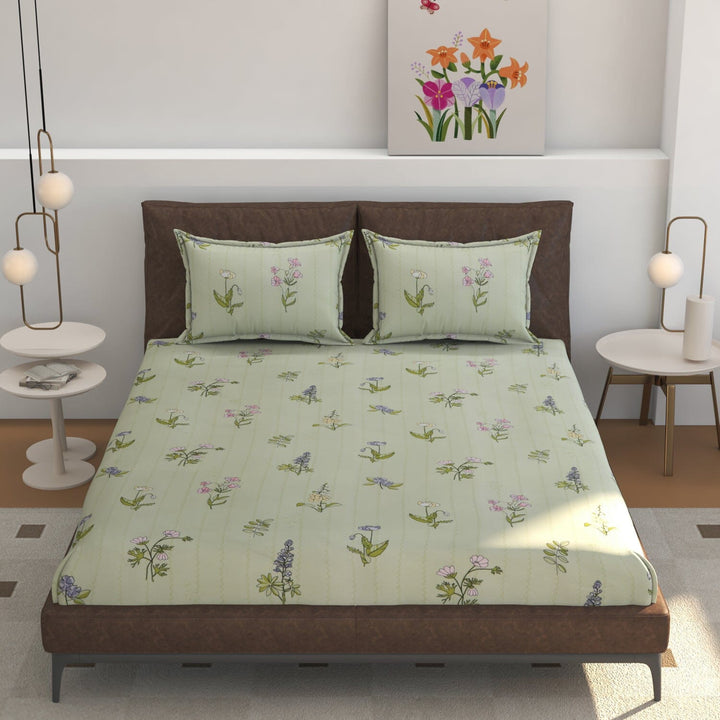 Elastic Fitted Bedsheet (King Size) with 2 Pillow Covers - Buy 2 Get 1 FREE Great Happy IN Olive Botanical KING SIZE 