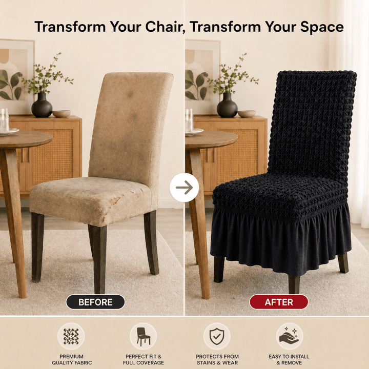Black Bubble Frill Chair Cover- Stretchable & Elastic Fitted Great Happy IN 