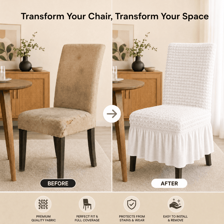 White Bubble Frill Chair Cover- Stretchable & Elastic Fitted Great Happy IN 