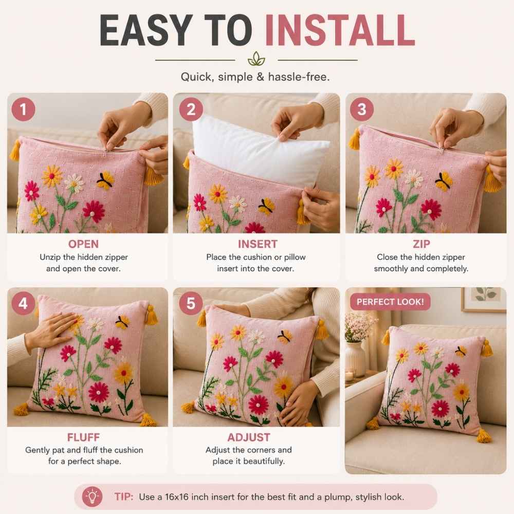 Blush Meadow Artisan Embroidered Cushion Covers 16 × 16