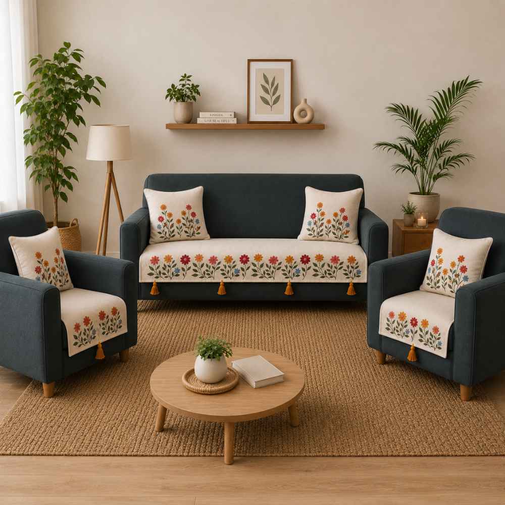 Jute Look Cotton Sofa Cover jute sofa cover Great Happy IN Phoolwari 3+1+1 Seater 