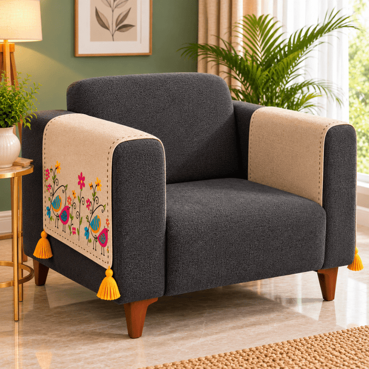 Bird Jute Look Cotton Sofa Cover jute sofa cover Great Happy IN Hand Rest Cover - 2 PCS 