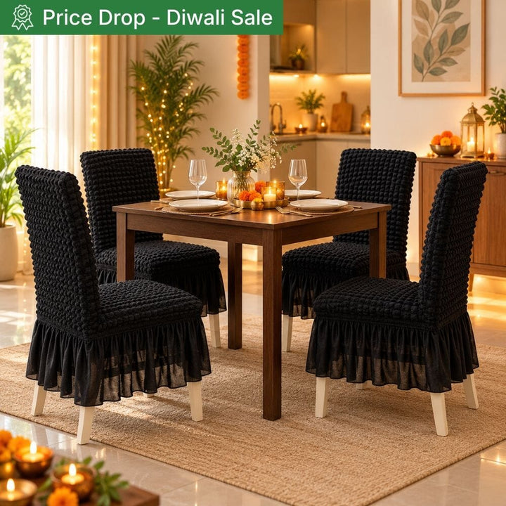 Black Bubble Frill Chair Cover- Stretchable & Elastic Fitted bubble frill chair cover Great Happy IN 4 PCS (₹475 per pcs) 
