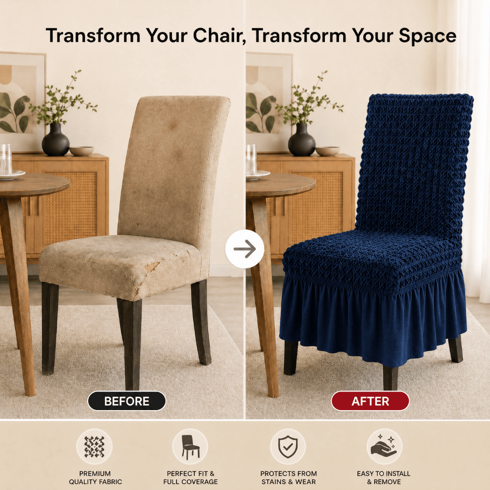 Navy Bubble Frill Chair Cover- Stretchable & Elastic Fitted Great Happy IN 