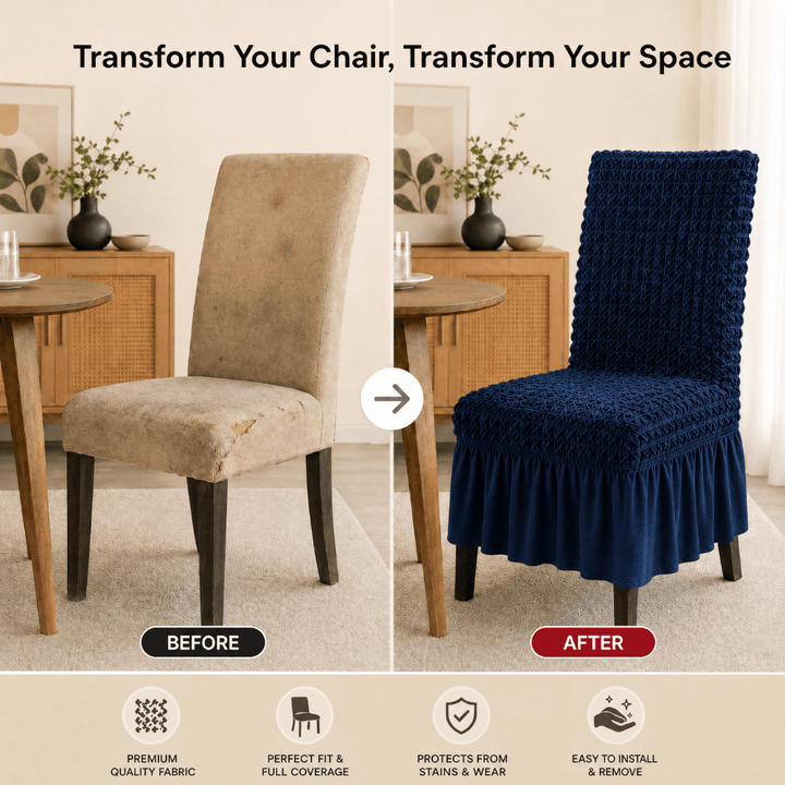 Navy Bubble Frill Chair Cover- Stretchable & Elastic Fitted Great Happy IN 