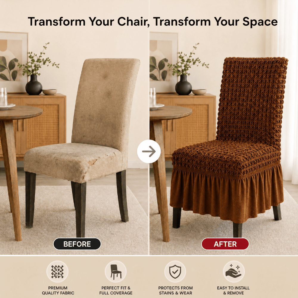 Brown Bubble Frill Chair Cover- Stretchable & Elastic Fitted Great Happy IN 