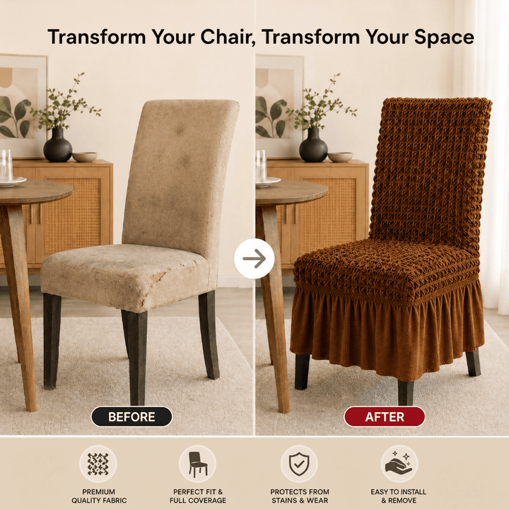 Brown Bubble Frill Chair Cover- Stretchable & Elastic Fitted Great Happy IN 