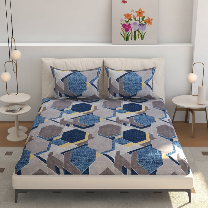 Elastic Fitted Bedsheet (King Size) with 2 Pillow Covers - Buy 2 Get 1 FREE Great Happy IN Cobalt Hexa KING SIZE 