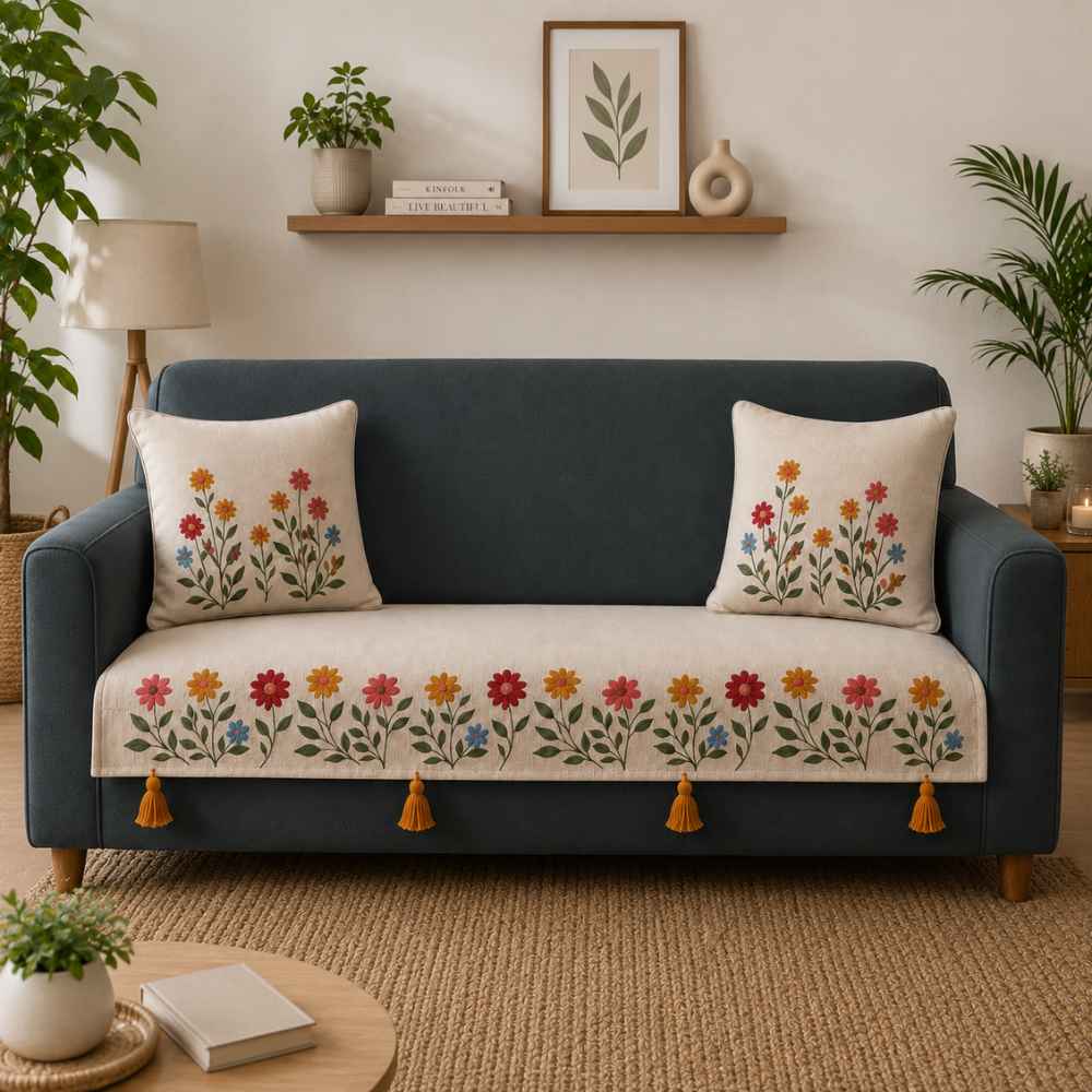 Jute Look Cotton Sofa Cover jute sofa cover Great Happy IN Phoolwari 3 Seater 