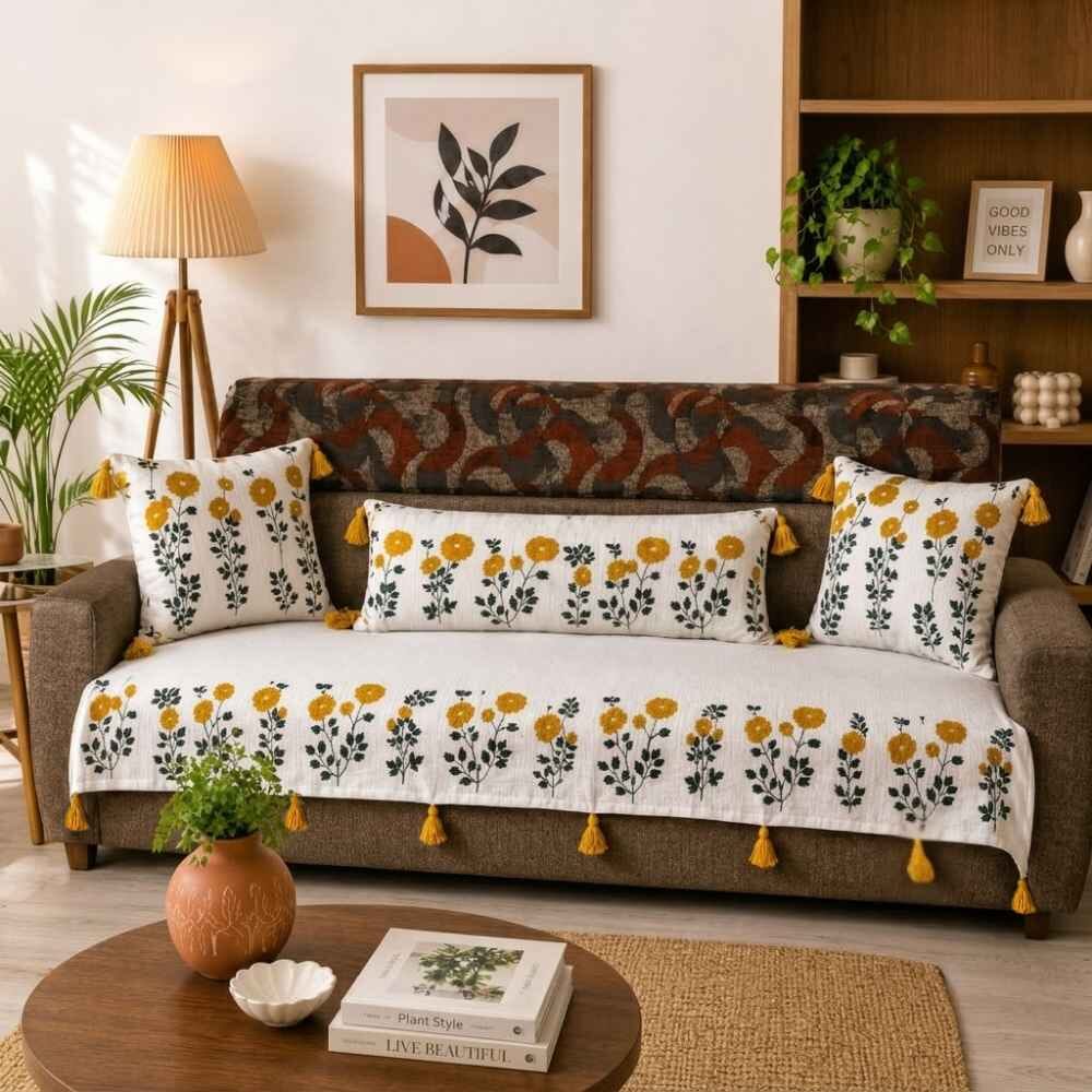 Jute Look Cotton Sofa Cover jute sofa cover Great Happy IN Marigold Ivory 3 Seater 