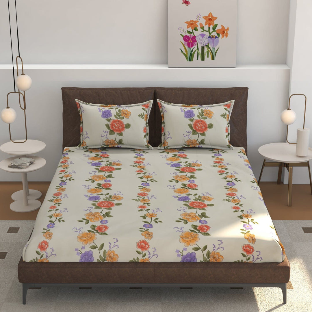 Elastic Fitted Bedsheet (King Size) with 2 Pillow Covers - Buy 2 Get 1 FREE Great Happy IN Ivory Rose KING SIZE 