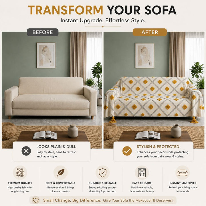 Golden Diamond Jute Cotton Sofa Throw