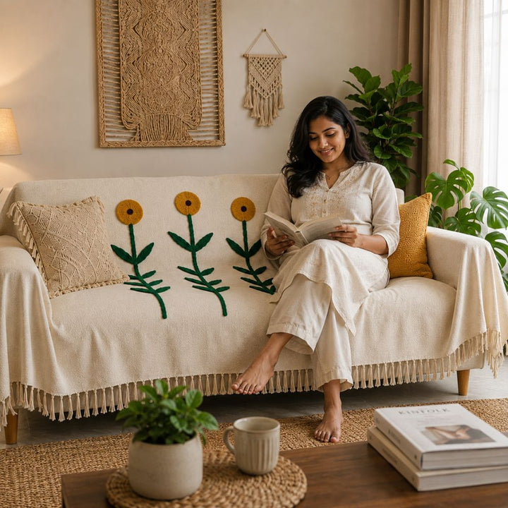 Sunflower Jute Cotton Sofa Throw